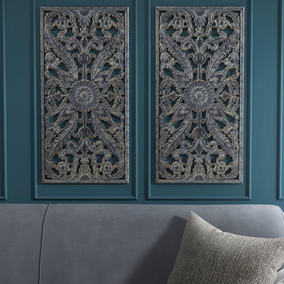 Décoration murale en bois 2 - Lotus vieilli à finition bleue antique pour l'intérieur et doré