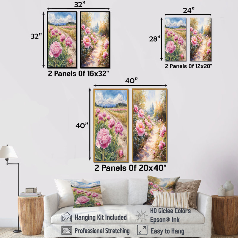 Pivoines le long du chemin de terre I - Collection d'art mural floral 2 panneaux, Encadrement argenté, H 32 po x l 33 po