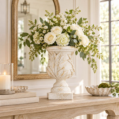 16.9" Ornate Magnesium Urn Planter with Antique White Finish
