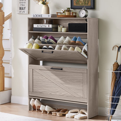 Shoe Storage Cabinet With 2 Flip Drawers,Farmhouse Narrow Shoe Organizer With Legs,Freestanding Hidden Slim Shoe Rack Cabinet With Open Storage For Entryway,Hallway, Foyer