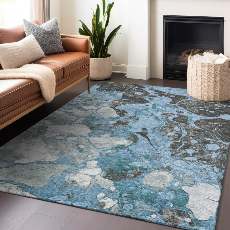 Tapis bleu intérieur / extérieur lavable à la machine Xhevrie, Rectangle 5 pi x 7 pi 6 po