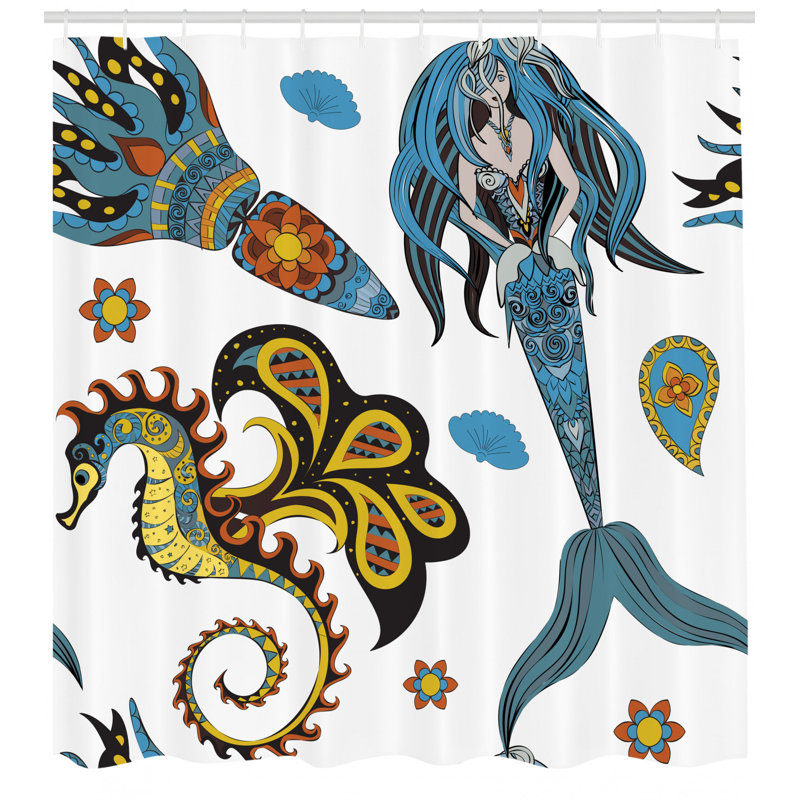 Ensemble de rideau de douche et crochets Mermaid, H 69 po x l 105 po