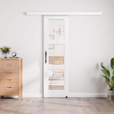 Porte coulissante de style grange avec rail dissimulé, apprêt blanc, 3 panneaux en verre transparent, pour placard ou garde-manger, avec trousse de quincaillerie (aucun assemblage requis)