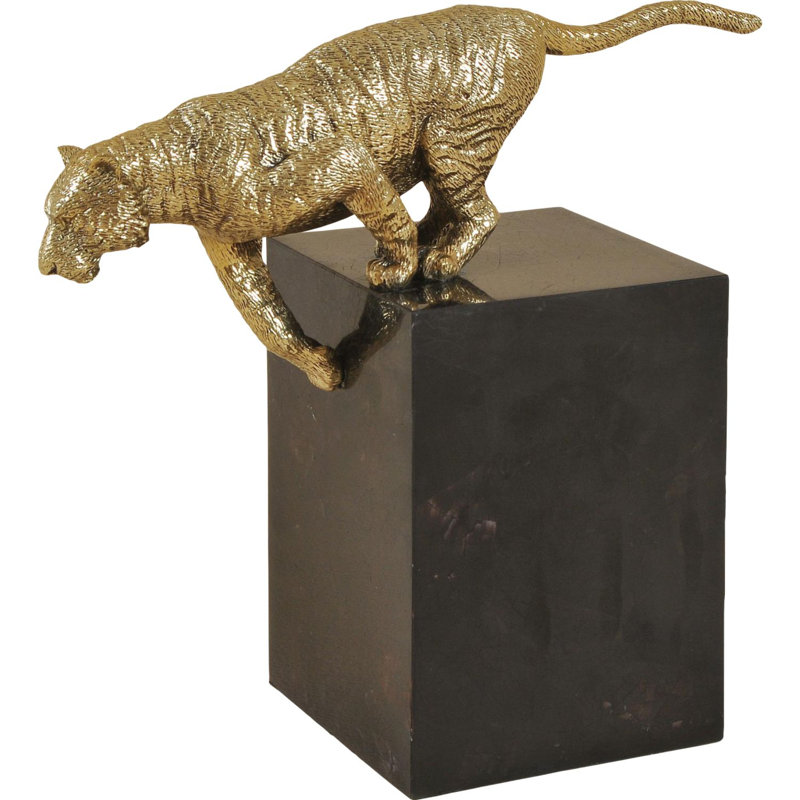 Antiqued Brass Leaping Tiger Figurine on Black Base