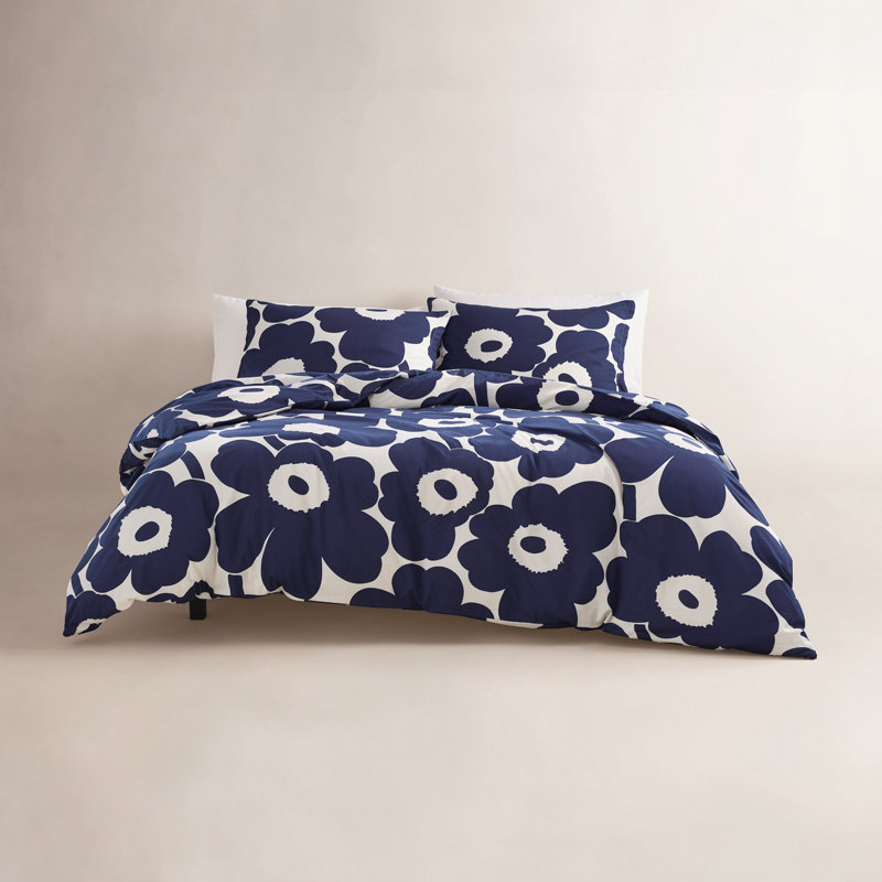 Marimekko Unikko Cotton Comforter Set, Queen Comforter + 2 Standard Shams, Indigo Blue/White