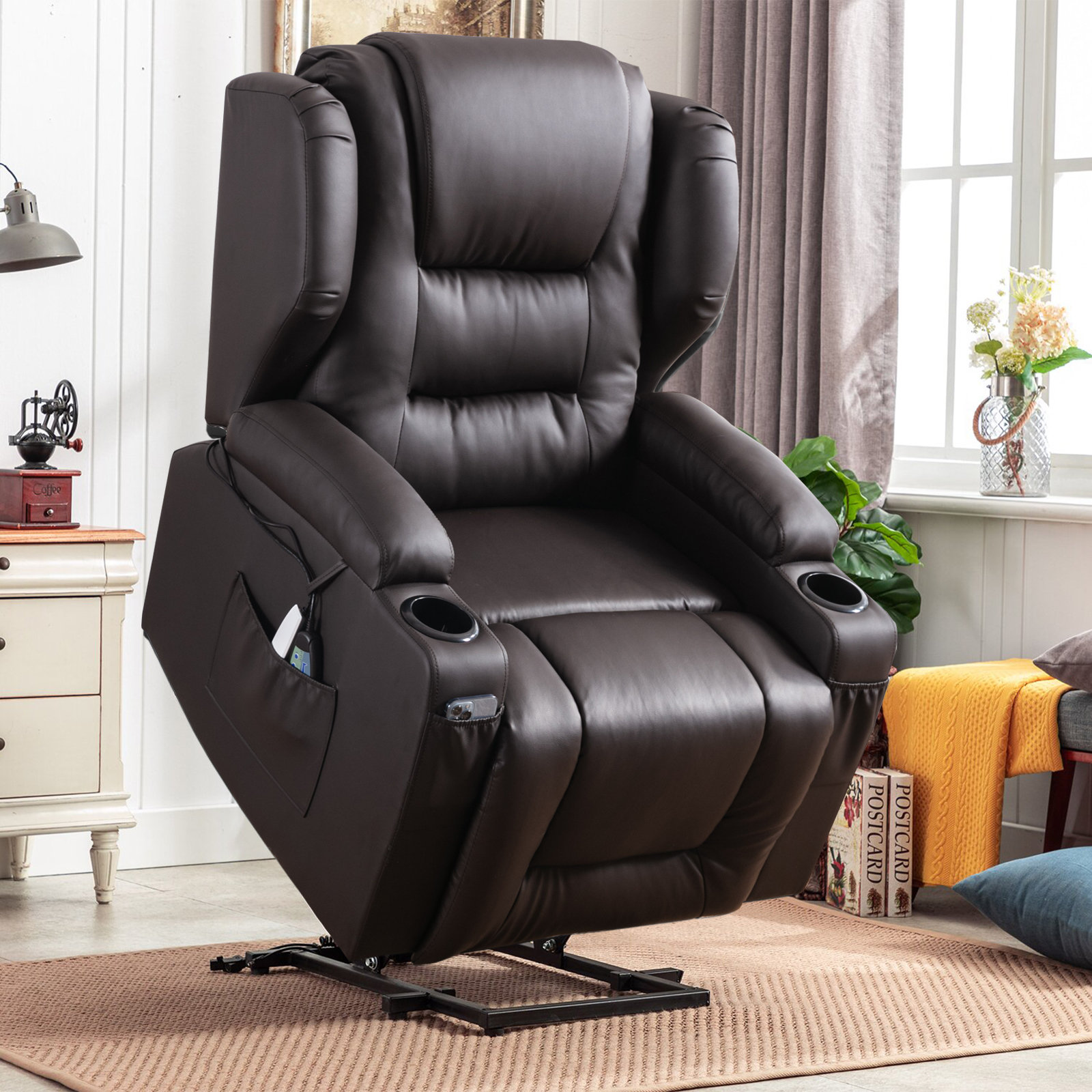 Small Home Theater Chair Lift Electric Recliner with USB Port Side Button Control Safety Cushion Latitude Run Body Fabric: Gray 100% Polyester