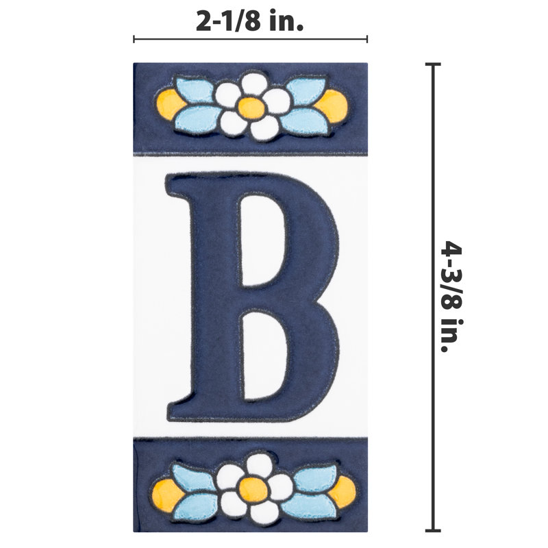 Sevillano 2.13" x 4.38" Ceramic Floral Address Letter Wall Tile in White/Blue