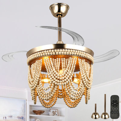 Dayzhane 42" Boho Retractable Ceiling Fan with Lights, Farmhouse 6 Speeds Wood Beaded Ceiling Fan with Remote Control
