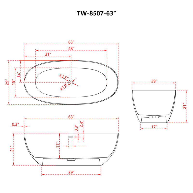 63'' x 29.5'' Freestanding Soaking Solid Surface Bathtub in White Matte, Matte White, 63'' x 29.5''