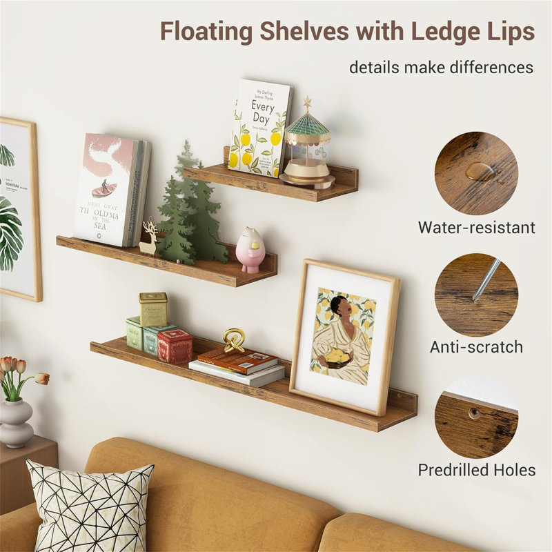 Rustic Floating Shelves Set of 3 with Lip, Picture Ledge Shelf for Nursery, Living Room – Multipurpose Storage Organizer, Bookshelf, & Photo Display Rack Rustic Brown