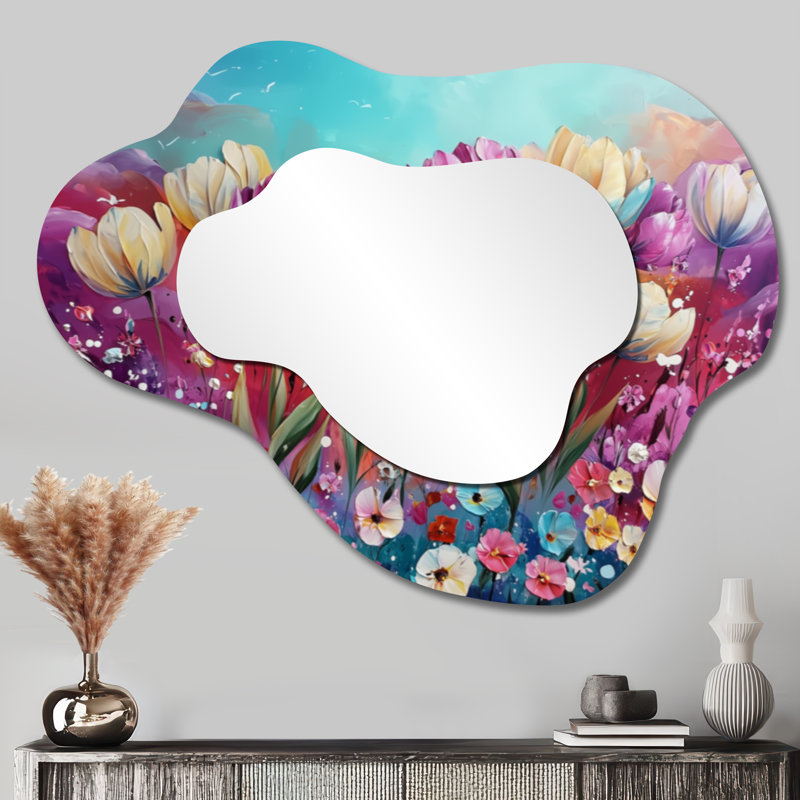 Fantasy Lavender And Tulips Field I - Tulips Asymmetrical Decorative Mirror, Traditional irregular Wall Mirror, Printed on Metal