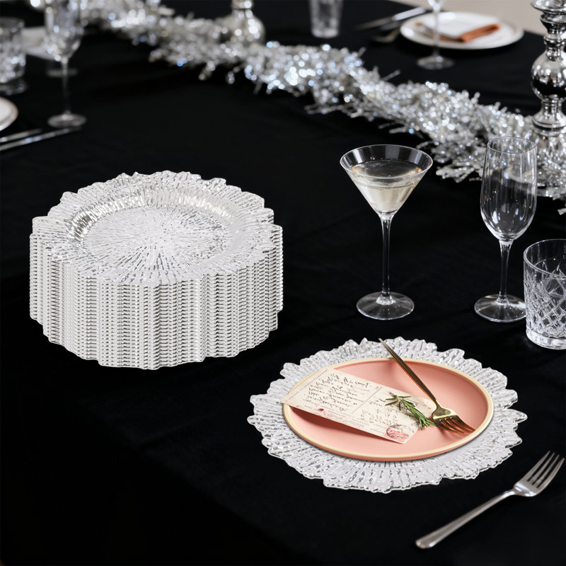 Ensemble de 24 assiettes décoratives en plastique 12,6 po pour assiettes décoratives multicolores, Argent