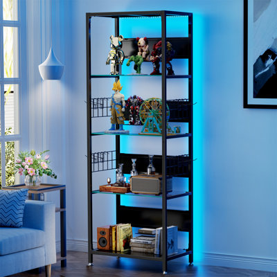 Étagère en verre à 4 niveaux avec lumières RVB, armoire vitrée lumineuse à DEL avec boîte de rangement réglable et crochets, étagère sur pied en métal pour objets de collection, plantes, livres, salon, chambre à coucher, bureau