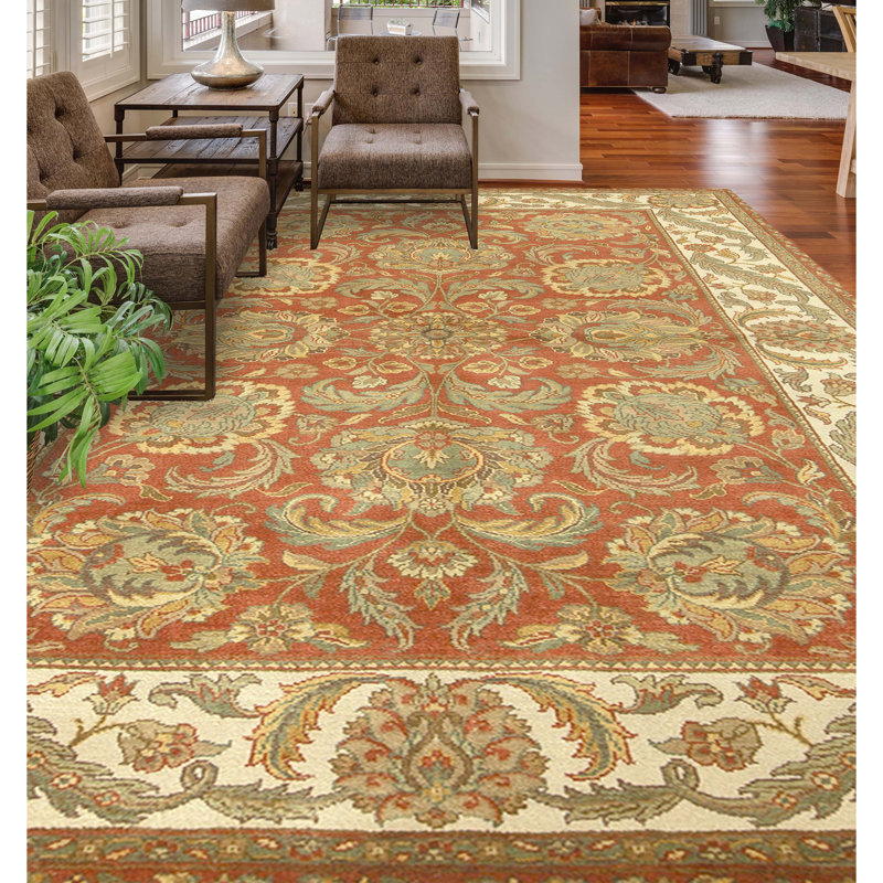 Hand Knotted Wool Oriental Area Rug in Rust And Ivory