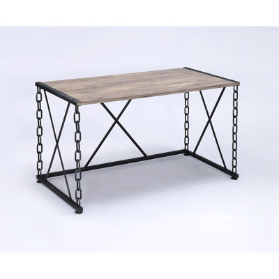 Rustic Oak & Antique Black Console Desk, Rectangular With Wood Top And Metal Support Legs Desk Binding