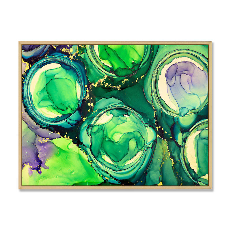 «Green Luxury Abstract Fluid VI», peinture sur toile, H 24 po x l 32 po, Cadre flottant en érable