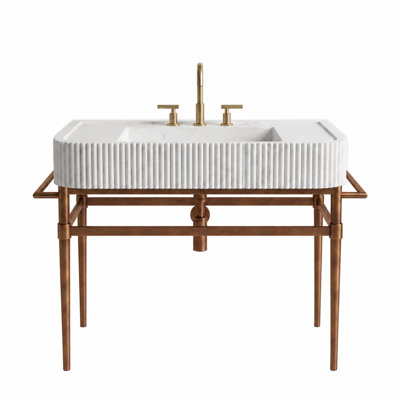 Bathroom Sink with Marble Basin, Solid Metal Legs and Marble Shelf, Freestanding Console Basin