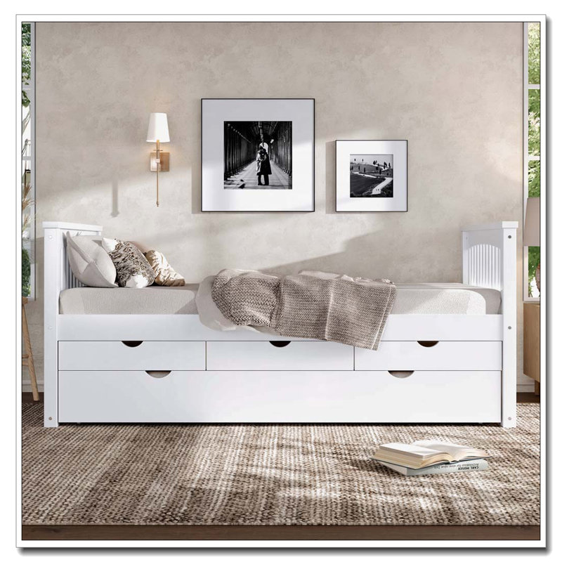 Lit avec tiroirs et lit gigogne, lit de jour en bois massif, aucun sommier nécessaire, Blanc