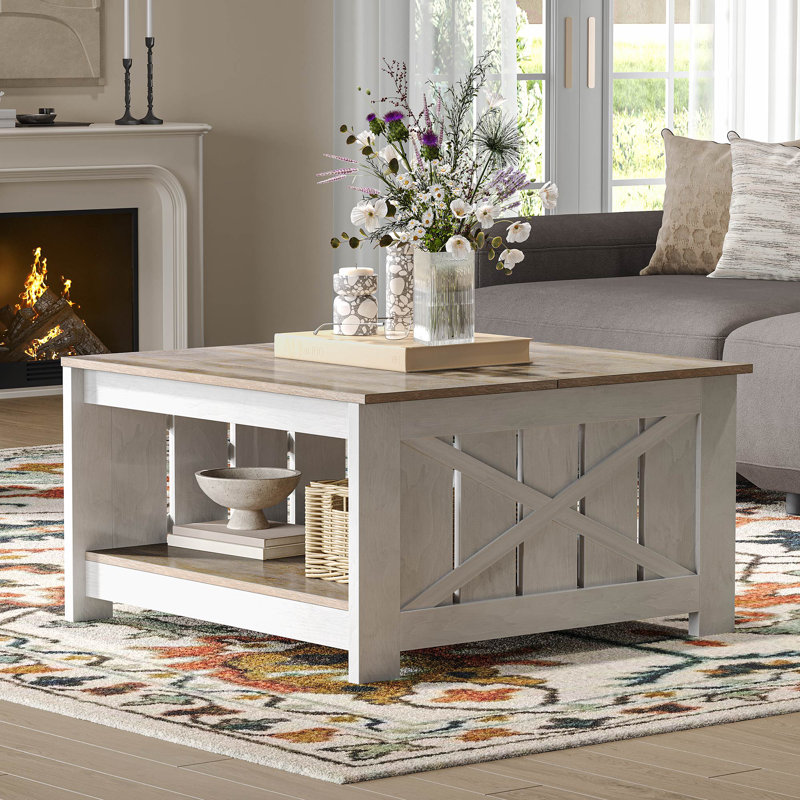 Vesely Farmhouse Square Coffee Table with Storage, Brown/Gray Wash
