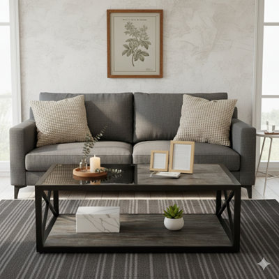 Modern Coffee Table For Bedroom & Living Room, Made Of Tempered Glass And Rustic Wood Grain MDF, In An Industrial Style.