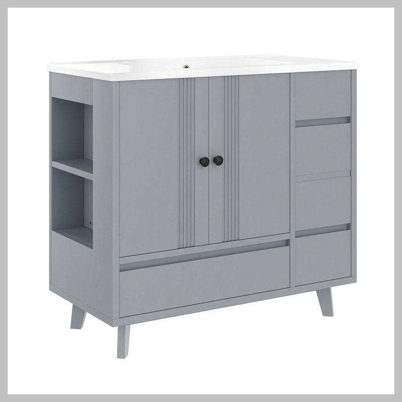 36" Bathroom Vanity with Sink, Free Standing Single Vanity Set with 4 Drawers and Side Storage Rack, Wood Cabinet with Ceramic Basin for Bathroom, Grey