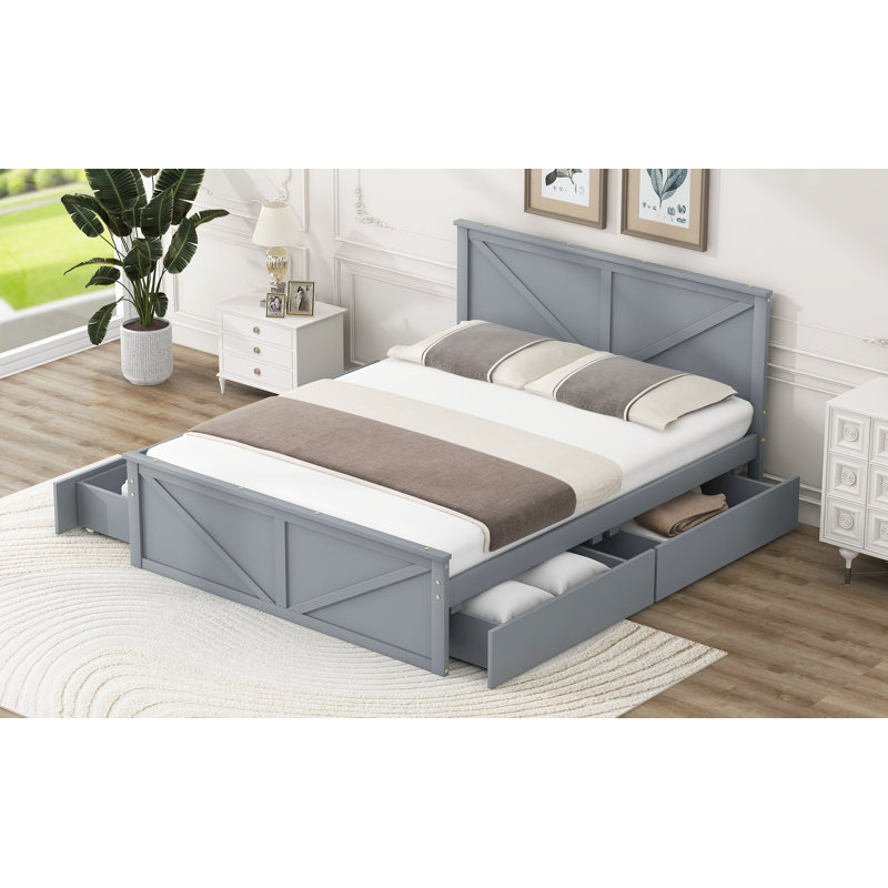 Lit plateforme en bois avec quatre tiroirs de rangement et pieds de soutien, Gris, Grand lit