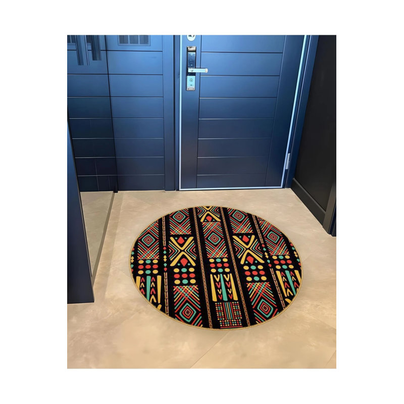 Multicolored Ethnic Motif Patterned Round Woven Base Vintage Decorative Carpet, Round 4'