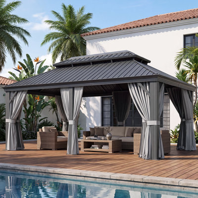 Pavillon de jardin à toit rigide en acier galvanisé à deux niveaux avec toit en aluminium 20 'x 12' avec rideaux d'intimité et moustiquaire pour patio, cour arrière, terrasse