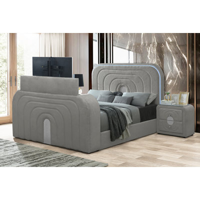Luxurious Bed with LED Lighting, TV Stand, Fireplace and Bluetooth Functionality, Ideal for a Comfortable and Entertaining Bedroom Experience