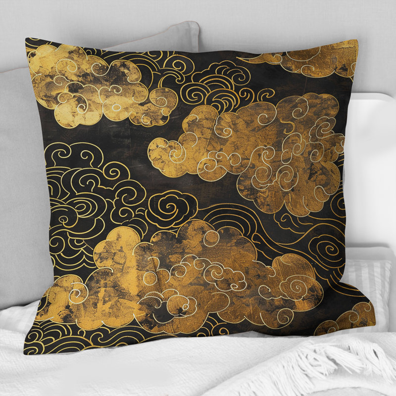 Nuage chinois doré noir II - coussin traditionnel chinois, Carrée, H 18 po x l 18 po