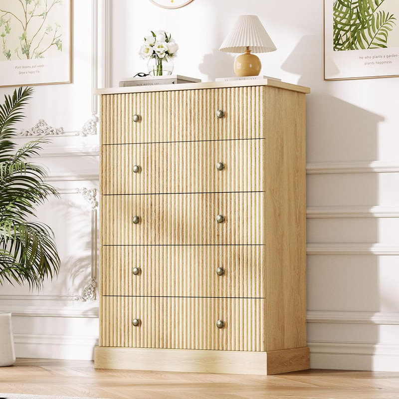Grande commode verticale à 5 tiroirs, commode en bois cannelée pour le rangement des vêtements dans les chambres et les petits espaces