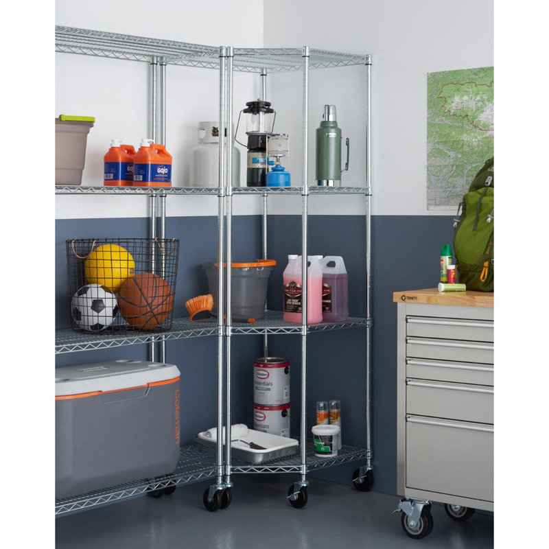Adjustable Gray Steel 4-Tier Corner Shelving Unit with Wheels