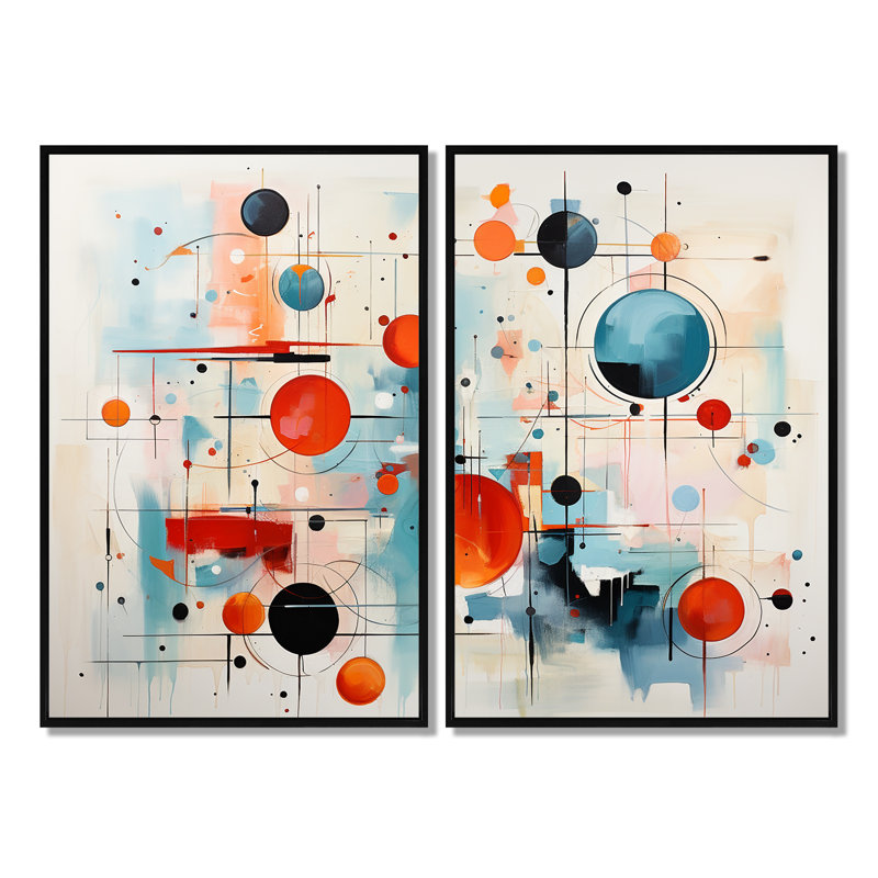 Colorful Mid Century Abstract Atomic II - Multi-Color Canvas Wall Art, Black, 36" H x 48" W, Floater Framed Print