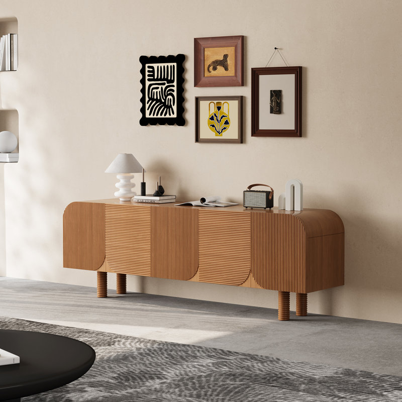 71'' Mid Century TV Console with 4 Cabinets, Solid Wood TV Stands for Living Room, Brown, Pre-assembled