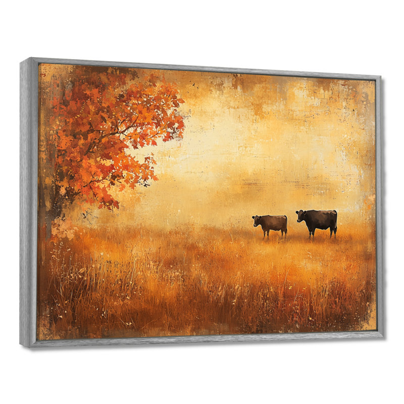 Vaches dans les champs d'automne II - campagne, art mural, H 12 po x l 20 po, Cadre flottant, Argent argent