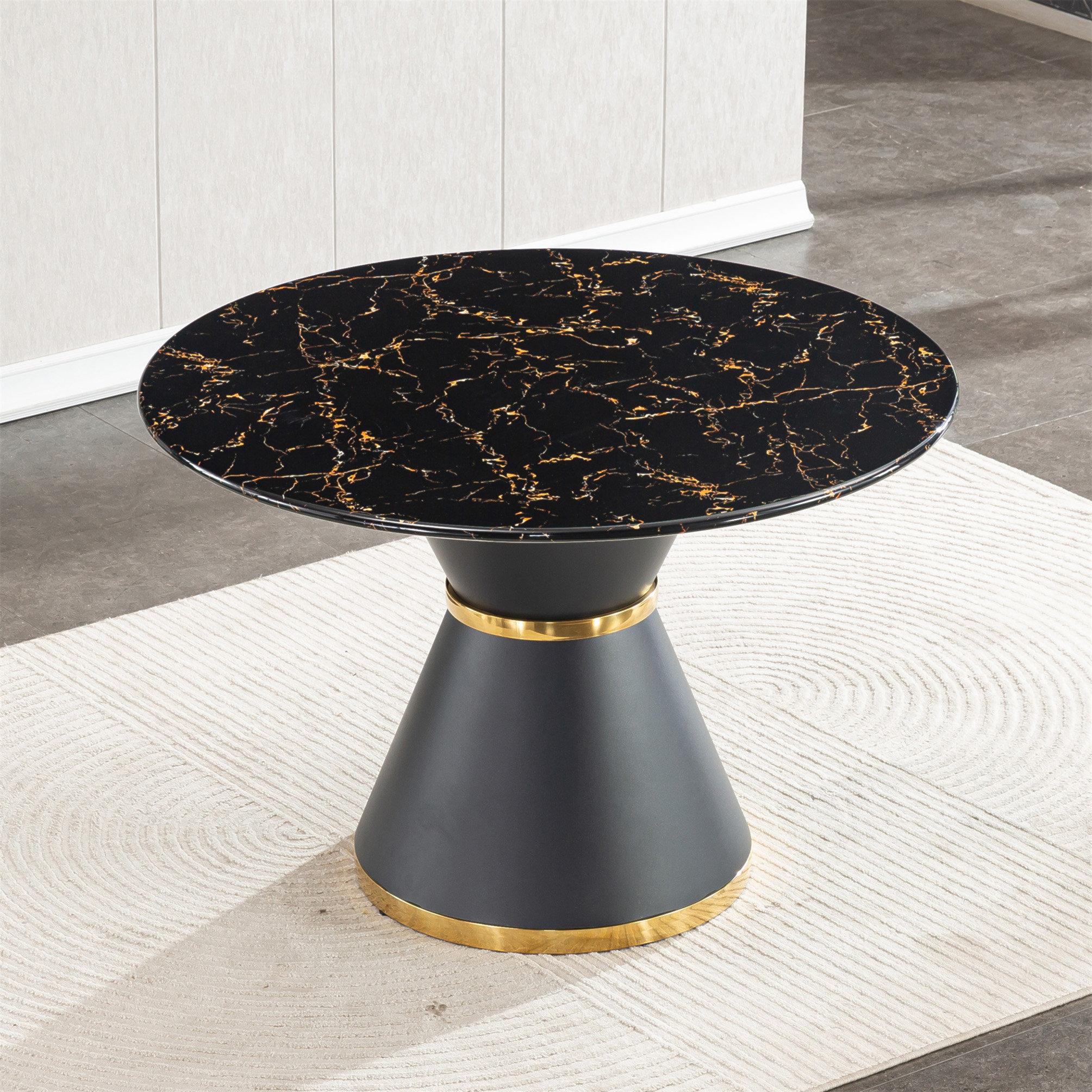 Everly Quinn Black Marble Printed MDF Round Dining Table, Black ...