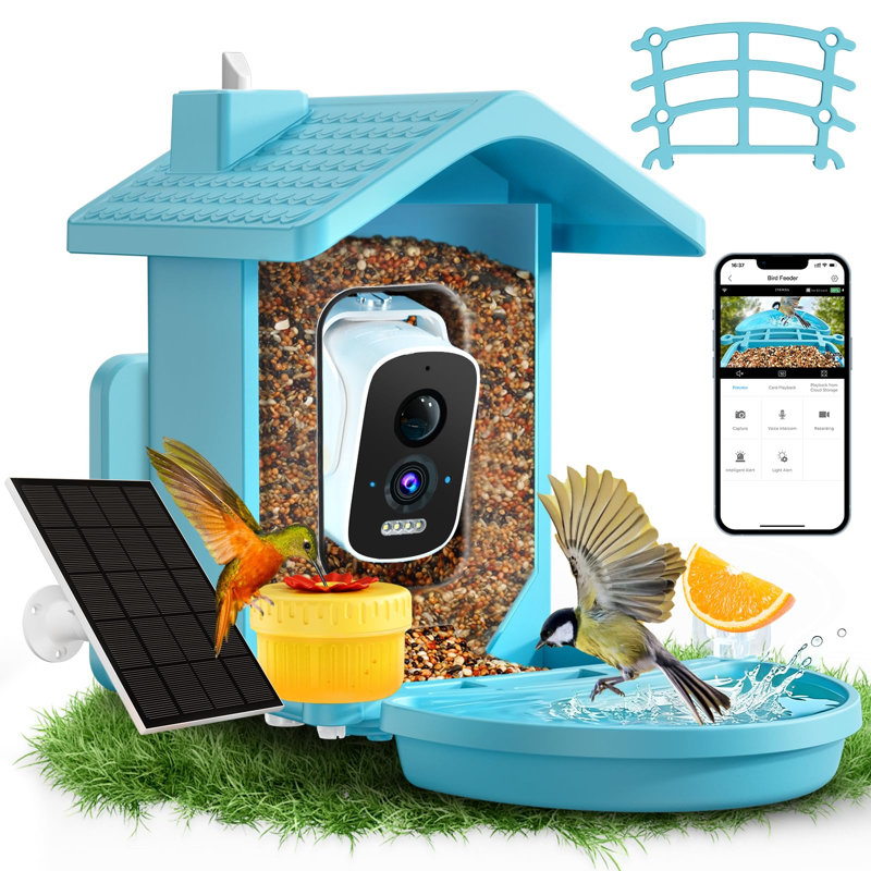 Smart Bird Feeder with Camera, Solar Powered, 2.5K HD Video, (Blue)