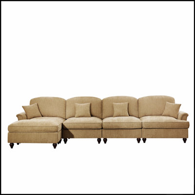 Canapé modulaire classique en L à trois places avec accoudoirs évasés, jupes plissées à volants amovibles et pieds fuselés, canapé en chenille confortable avec repose-pieds mobile