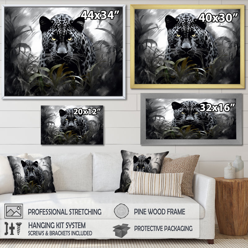 «Grey White Panther Silent Majesty», reproduction d'art sur toile, H 30 po x l 40 po, Toile tendue