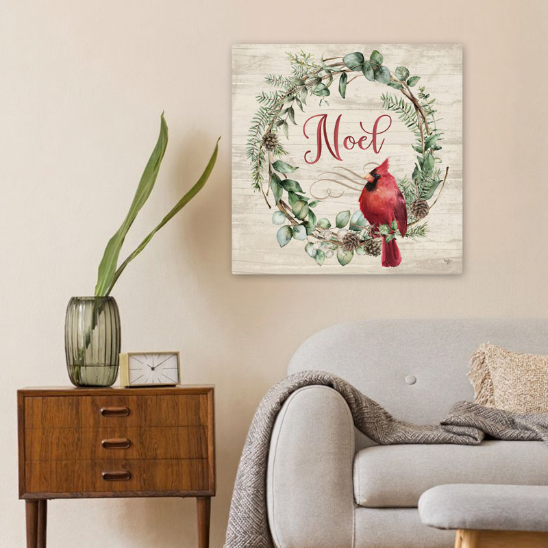Noel, cardinal, couronne, art contemporain, verdure, H 24 po x l 24 po