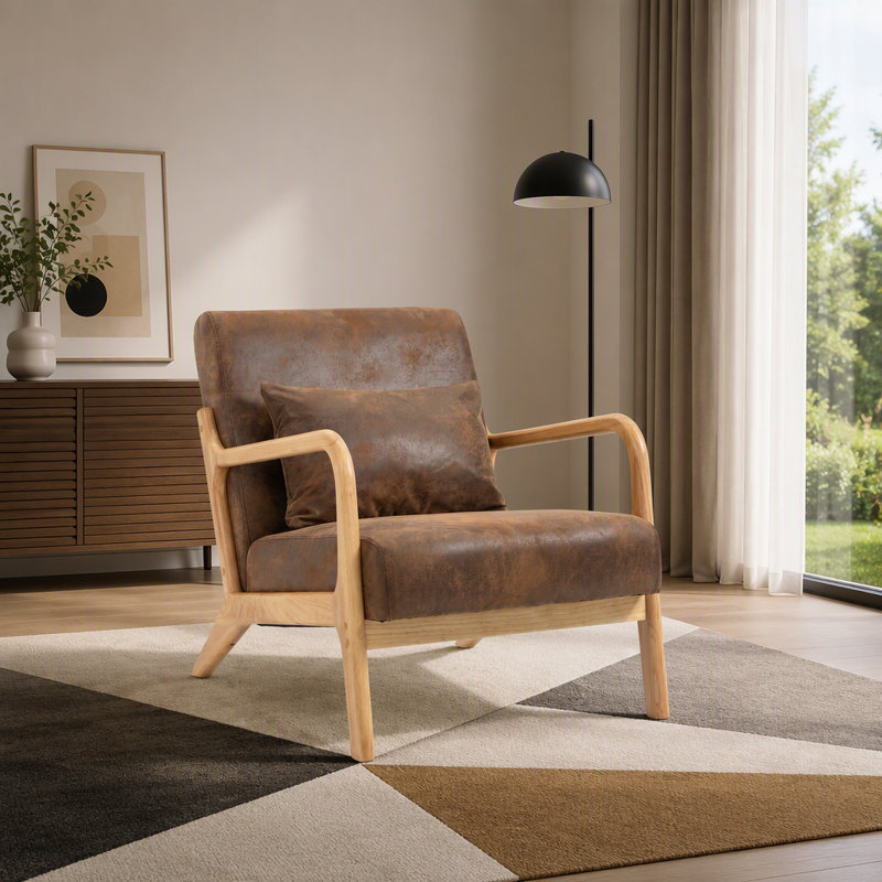 Chaise d'appoint rembourrée avec coussin lombaire Mid-Century, Naturel, Brun antique