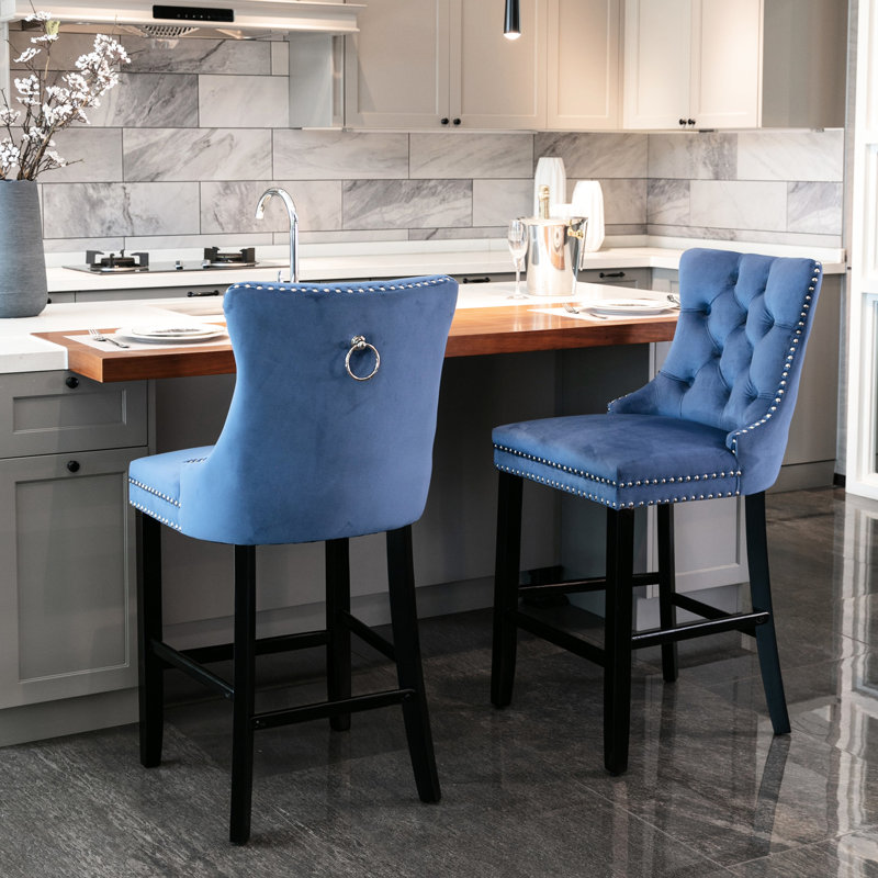Tabourets de bar contemporains en velours, structure élastique double, coussin en mousse à haute densité - bleu (de 2 chaises fabriquées à la main, pieds en bois massif