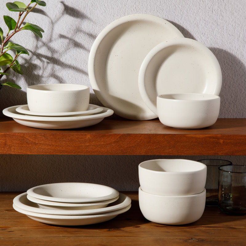 Bloomhouse Corcisa Clay 12 Piece Stoneware Reactive Glaze Dinnerware Set - Prosecco Blush Pink, White