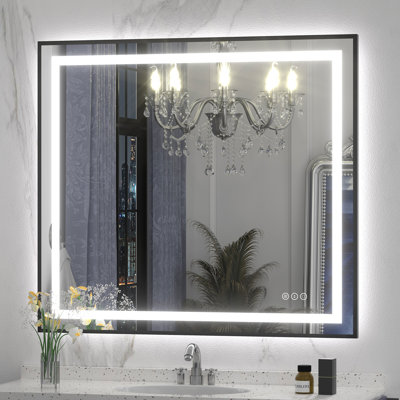 Miroir de salle de bain / meuble-lavabo à cadre en verre trempé à DEL certifié anti-buée Wayfair Basics®