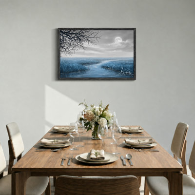 Tableau sur toile représentant un paysage de pleine lune sur un ruisseau de marais bleu
