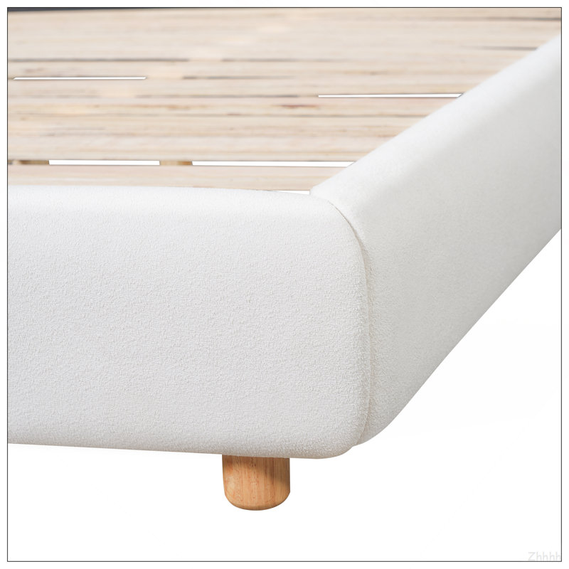 Structure de lit tapissier grand moderne avec tête de lit à oreilles extra large, lit tapissier à profil bas avec pieds en bois, lattes en bois robustes, aucun sommier requis, assemblage facile, blanc