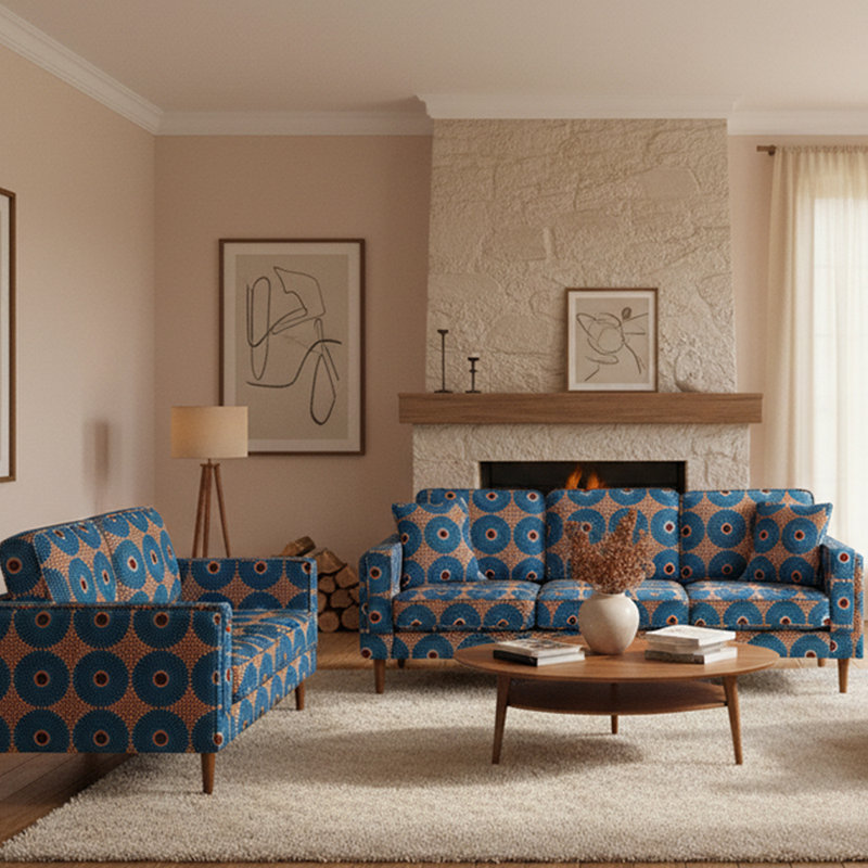 Damesha 3-Piece Living Room Set,Mid-Century Modern Patterned Fabric Sofa, Loveseat, and Armchair with Wooden Legs