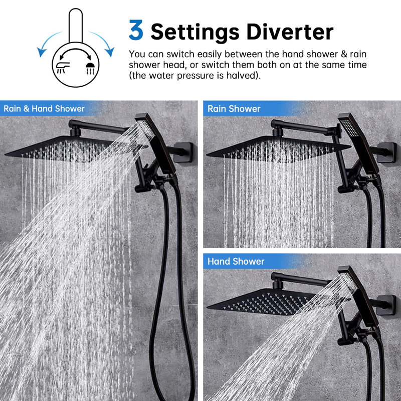 12 Inch Rainfall Shower Head, With Handheld Spray Combo,Adjustable Extension Arm, 3 Settings Diverter, 71 Inch Hose