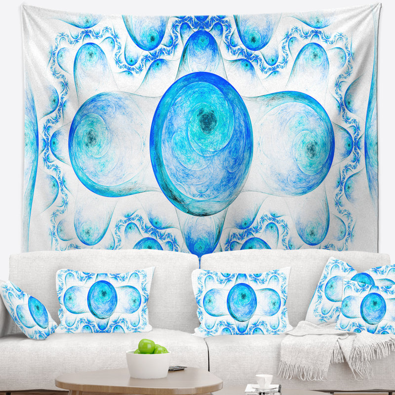 Tapisserie abstraite à motif fractal exotique bleu, H 32 po x l 39 po
