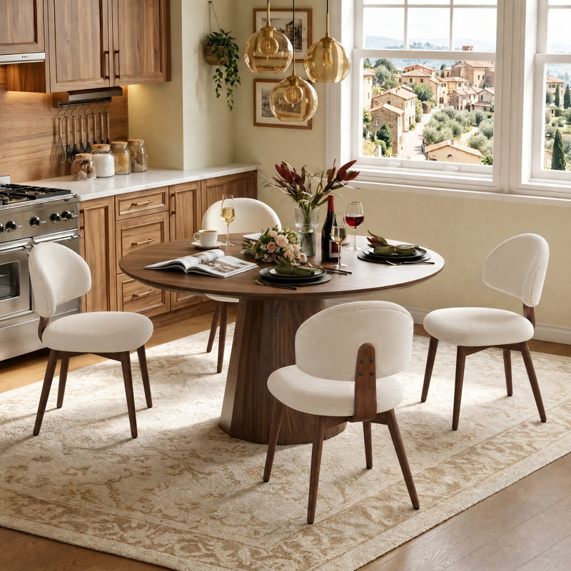 Chaise de salle à manger rembourrée beige de style milieu du siècle, dossier incurvé, revêtement en lin et pieds en bois massif naturel, ensemble de 4